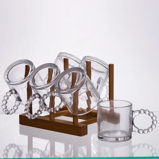 Зображення товару Чайний сервіз із товстого скла 8 предметів з бамбуковою підставкою для чашок 64486-231
